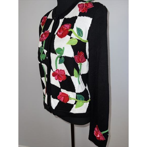Embellished Red Roses Check Cardigan Sequin Size Small Black White Embroidery - Picture 5 of 16